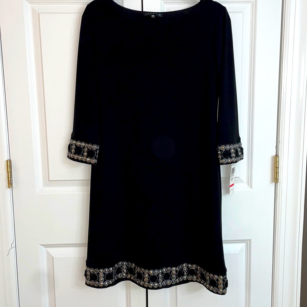 Black Dress with Beaded Trim on Sleeve and Hem